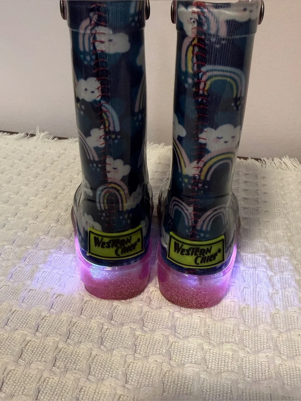 Light up rain boots, western chief, rainbow shower, blue pink glitter, size 5